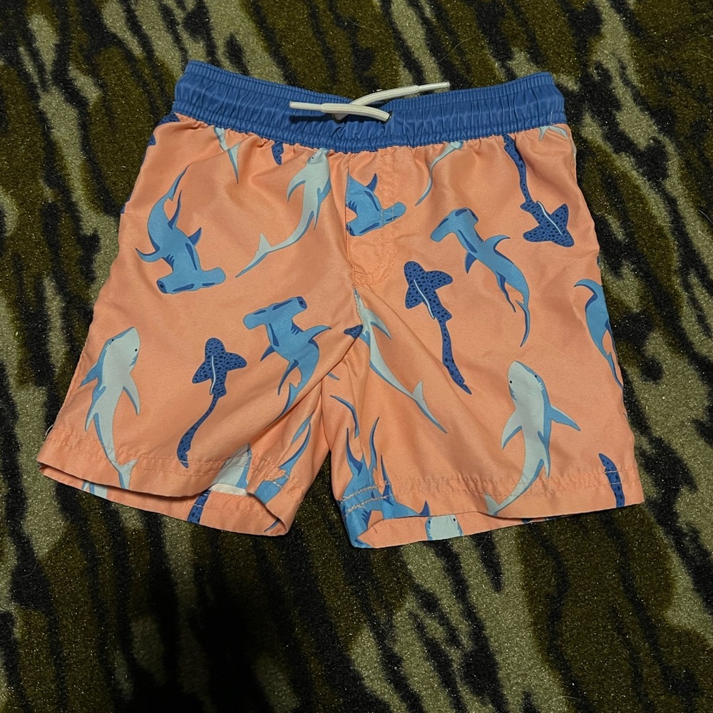 Kids Swim Shorts with Shark Print - Peach and Blue